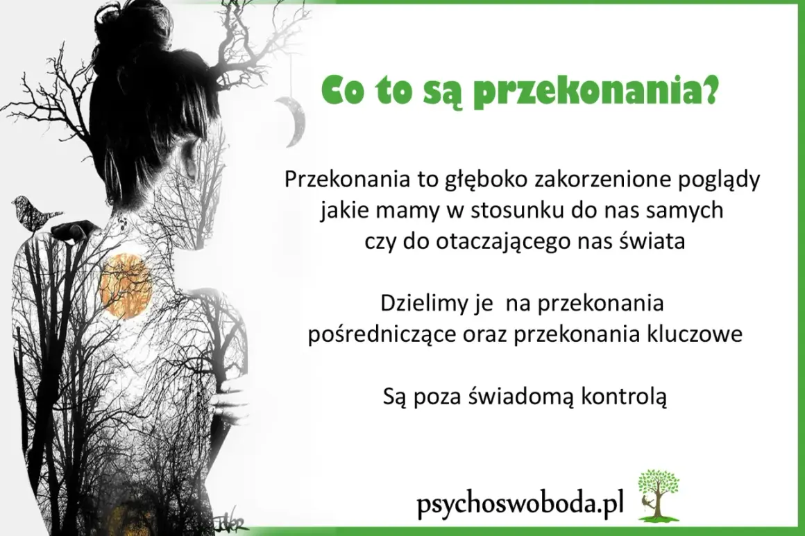 Przekonania kluczowe przykłady: głęboko zakorzenione poglądy o sobie i świecie, poza świadomą kontrolą. Sylwetka kobiety z lasem w tle.