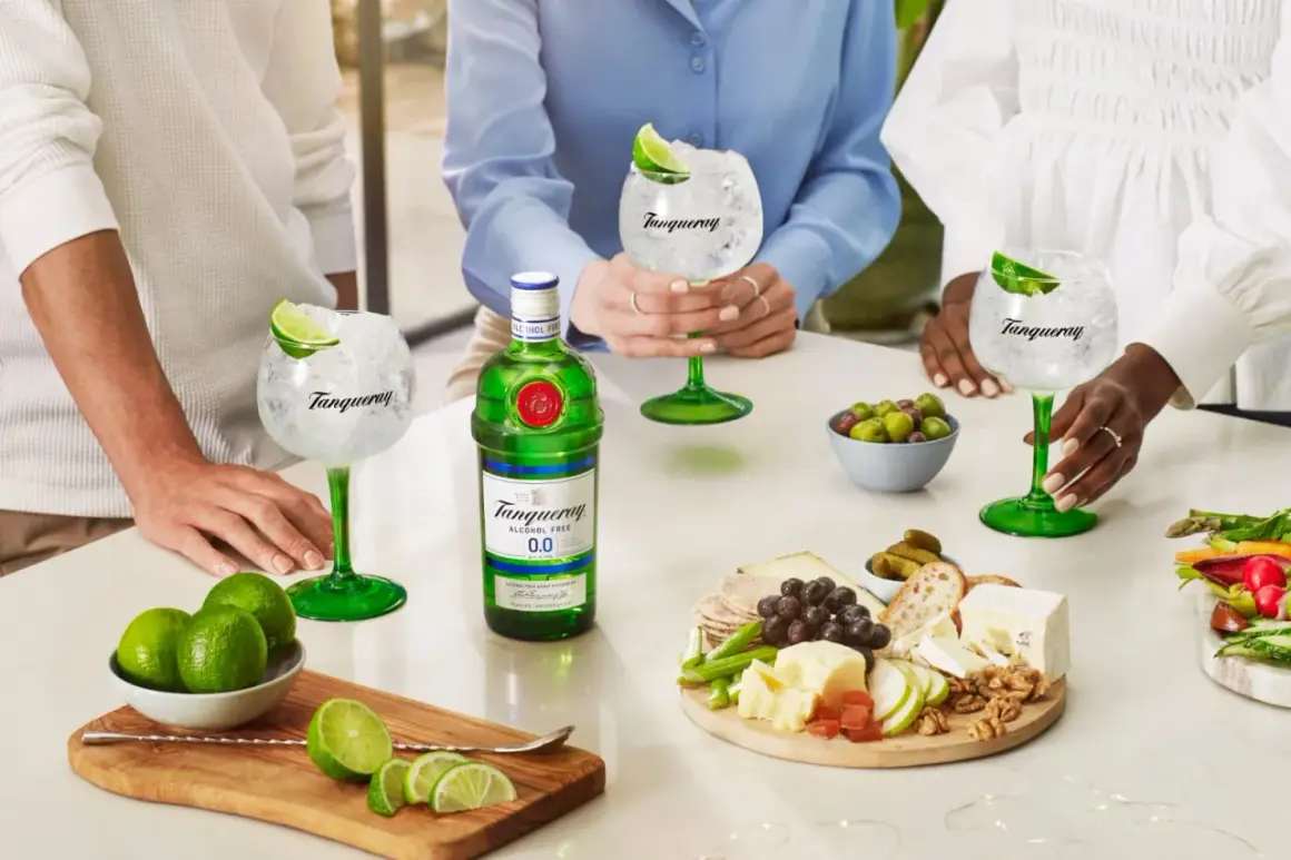 Tanqueray Gin alkoholfrei Rezept: Erfrischende Drinks mit Limette und Eis, serviert mit einem köstlichen Käseplättchen.