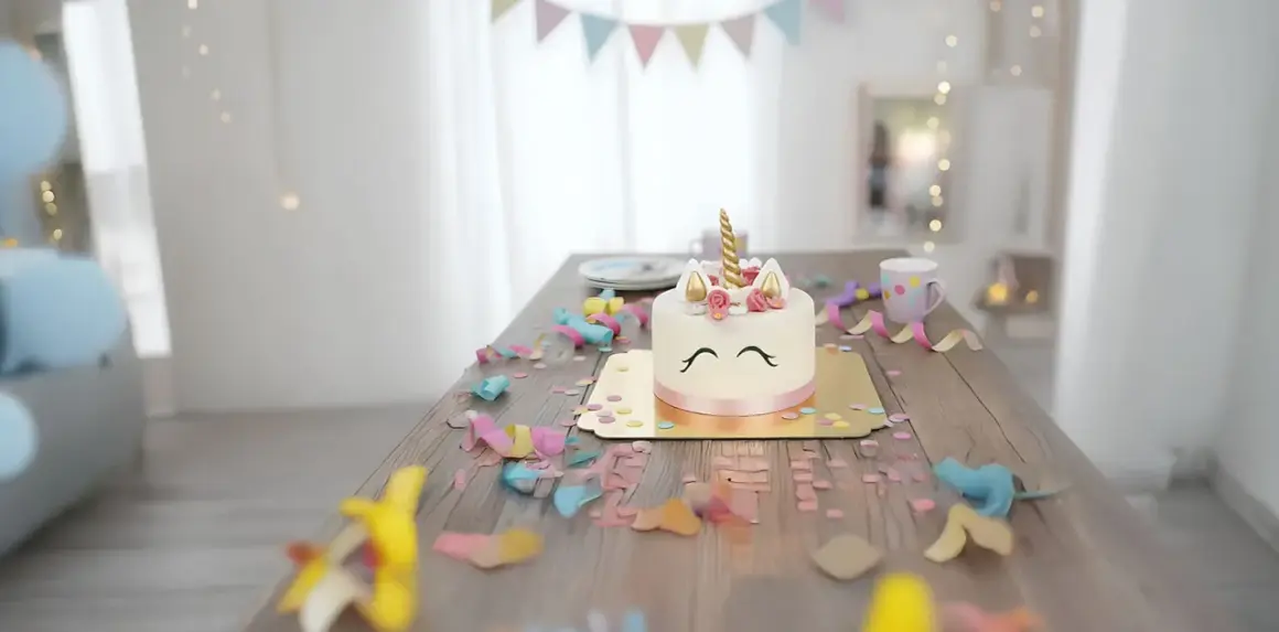En förtrollande unicorn tårta står på ett träbord, omgiven av konfetti och serpentiner. En magisk födelsedagsfest!