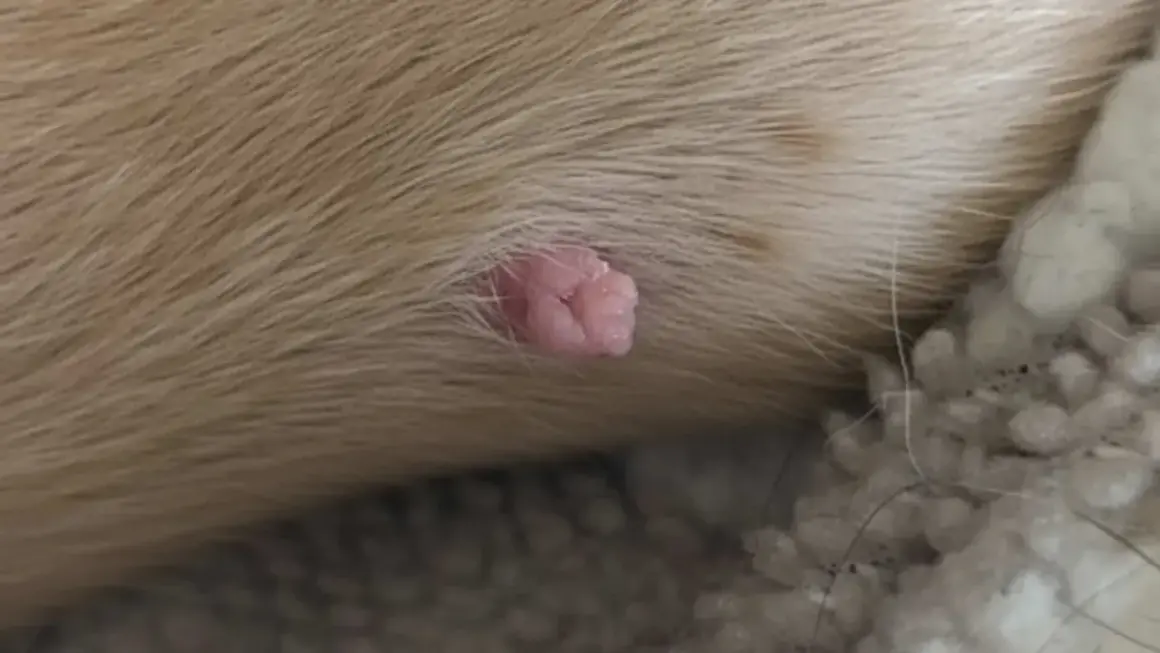 Primer plano de verrugas en perros, una pequeña protuberancia rosada y carnosa en la piel de un perro.