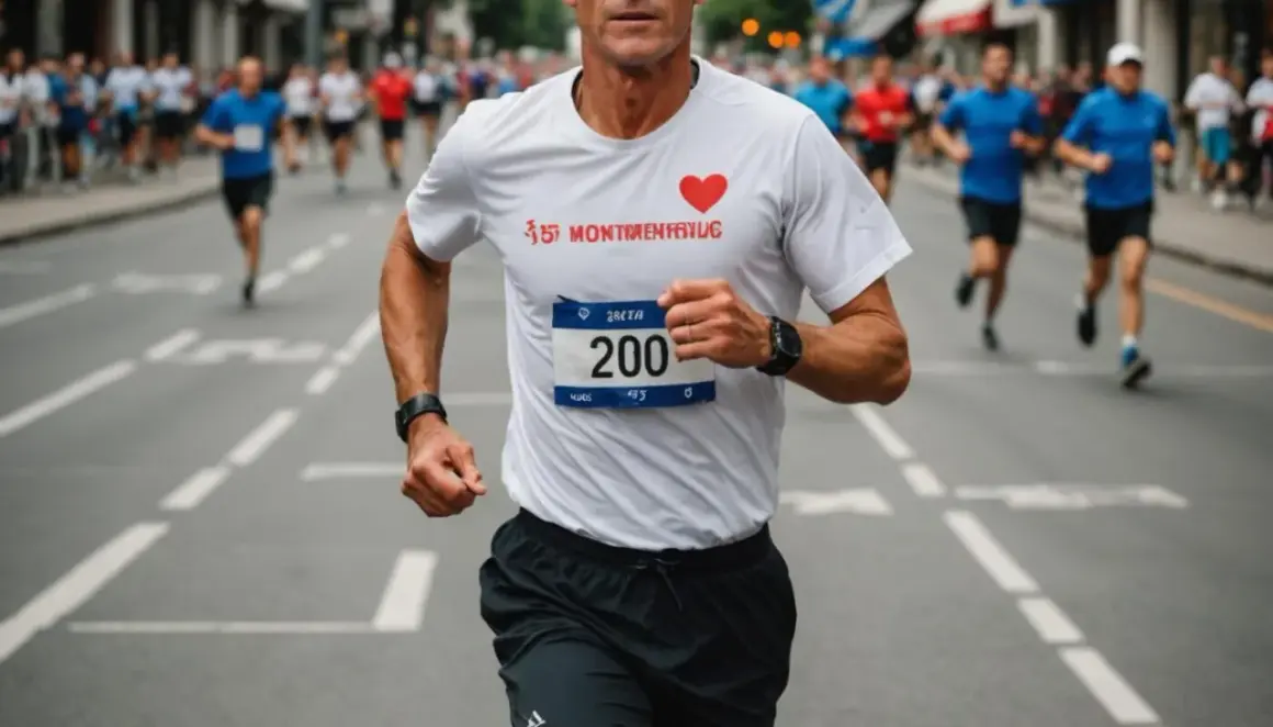 Biegacz z numerem 200 na koszulce, z sercem i napisem "Montréal", osiąga tętno maksymalne podczas wyścigu.