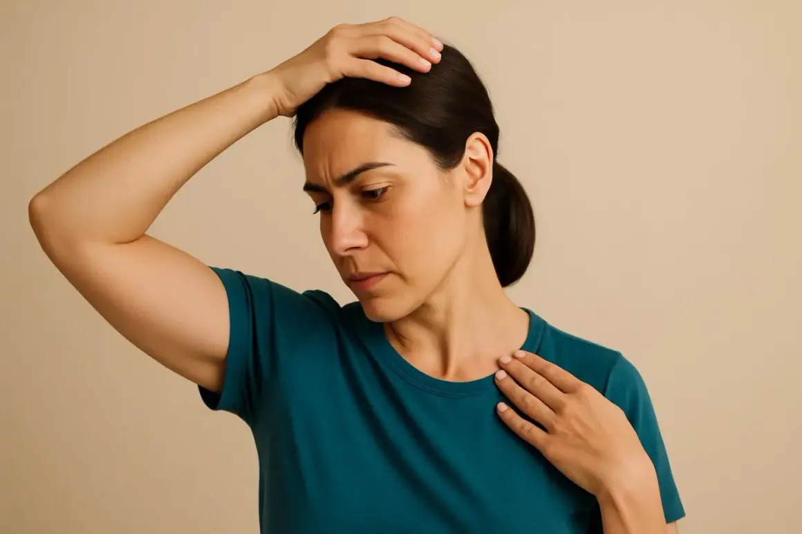 Donna con mano sulla testa e sul collo, espressione di disagio, forse per cervicale e nausea.