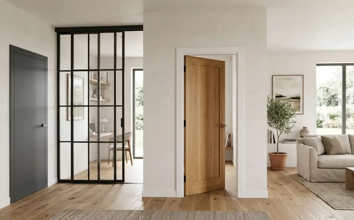 Une porte en bois clair est ouverte, révélant un salon lumineux. Une autre porte grise est visible à gauche, près d'une verrière industrielle.