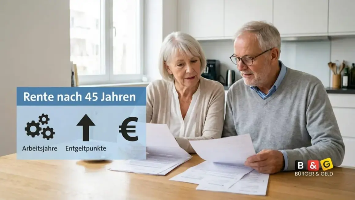 Älteres Paar prüft Unterlagen zur Rente nach 45 Jahren. Wie viel Rente gibt es für 40 Rentenpunkte?