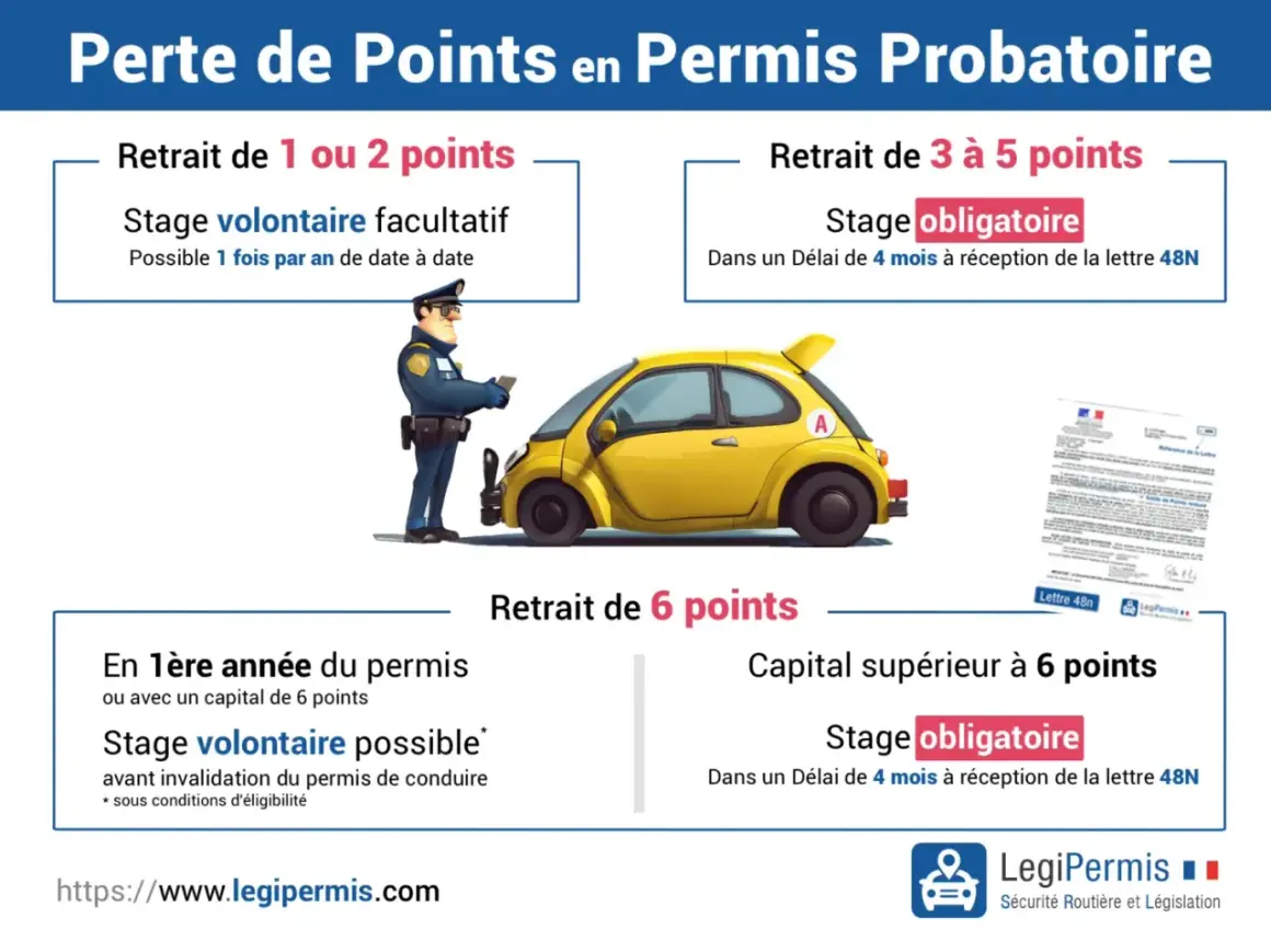 Perte de points permis probatoire : 1-2 points, stage volontaire. 3-5 points, stage obligatoire sous 4 mois. 6 points, stage obligatoire sous 4 mois.