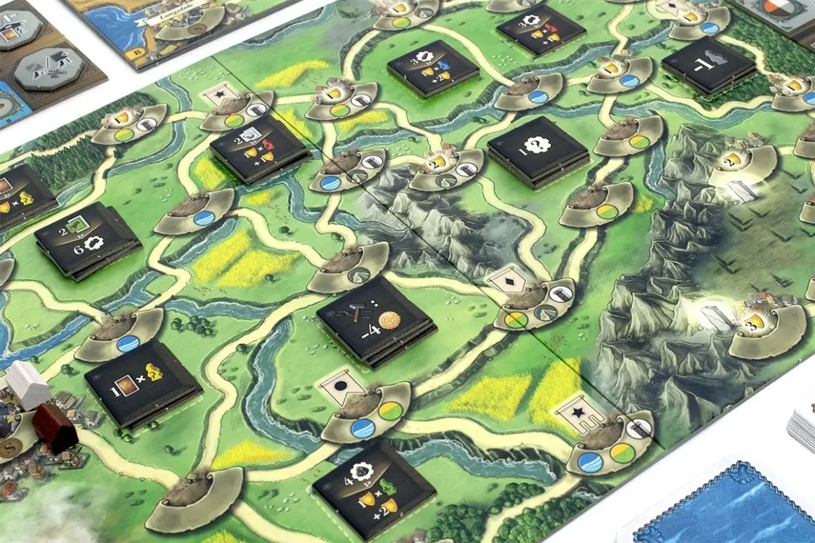 Wyprawa do Newdale: plansza gry z rzekami, polami i górami, ozdobiona żetonami i kartami.