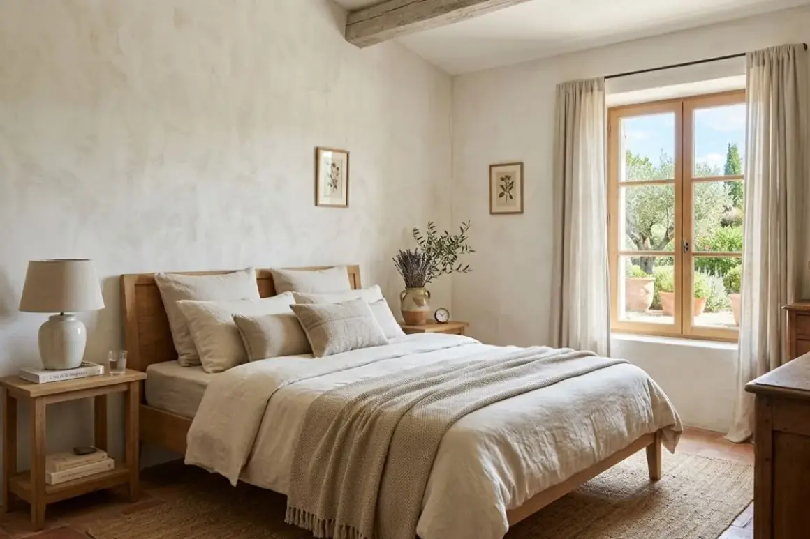 Chambre paisible avec un lit douillet, des coussins texturés et un mur à l'enduit décoratif subtil. La lumière naturelle filtre par la fenêtre, révélant un jardin verdoyant.