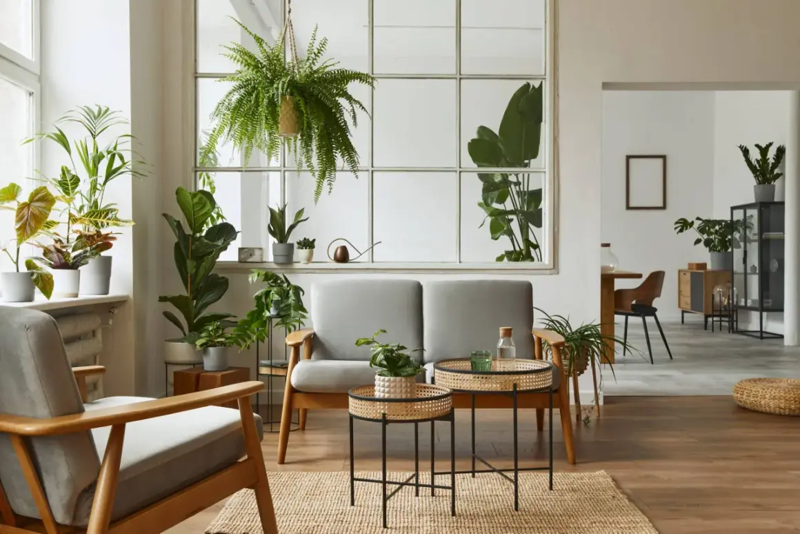 Ein Wohnzimmer im **biophilic design** mit vielen Pflanzen, einem Sofa, Sesseln und Holzelementen.