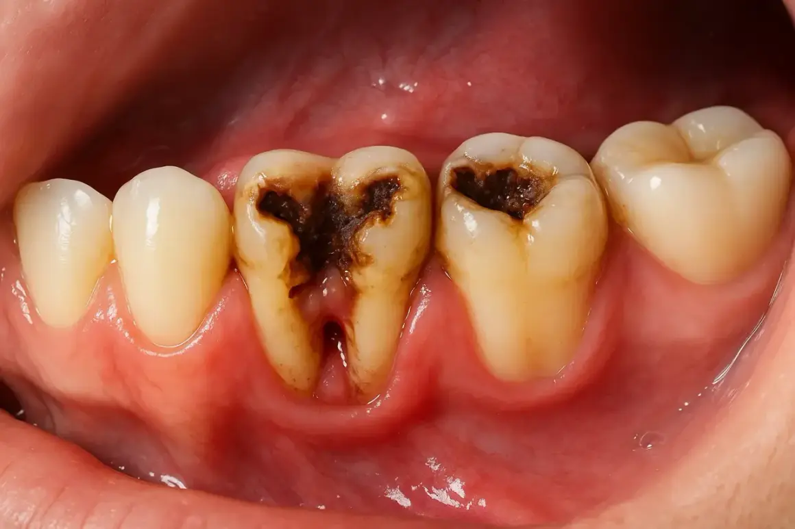 Dientes con caries severas, oscuras y cavidades profundas. Se observan encías inflamadas.