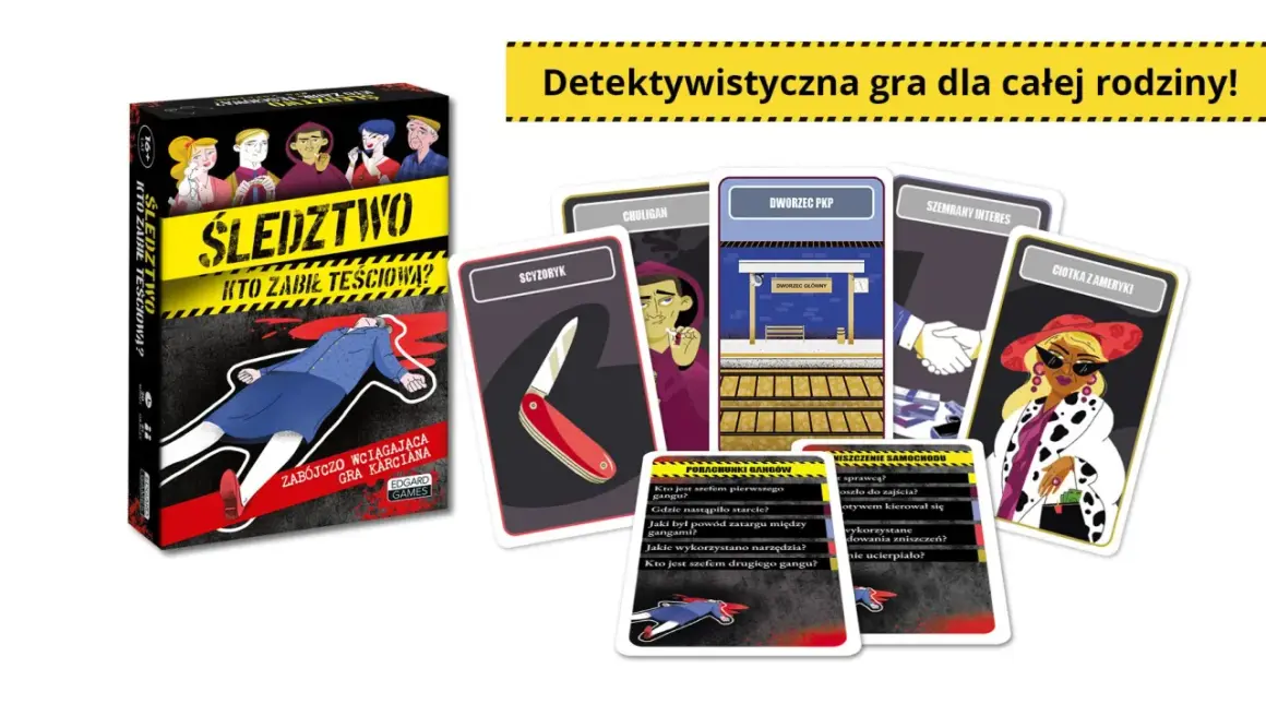 Gra "Śledztwo: Kto zabił teściową?" z kartami postaci, miejsc i narzędzi zbrodni. Rozwikłaj zagadkę morderstwa!