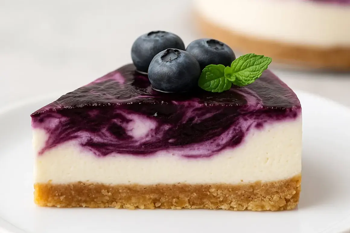 Rebanada de pastel de arandanos con cobertura de arándanos y tres bayas frescas encima.