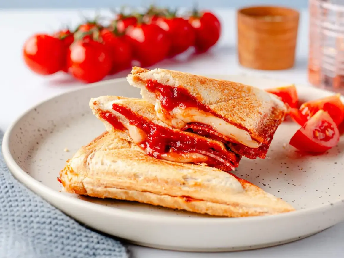 Herzhafte Sandwichmaker Rezepte: goldbraune Sandwiches mit geschmolzenem Käse und Tomatensoße, serviert mit frischen Tomaten.