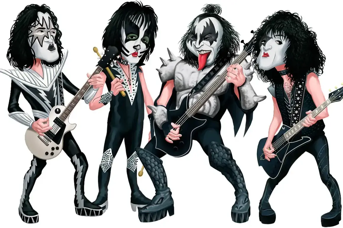 I quattro membri della i kiss band, con i loro iconici costumi e trucco, suonano i loro strumenti.