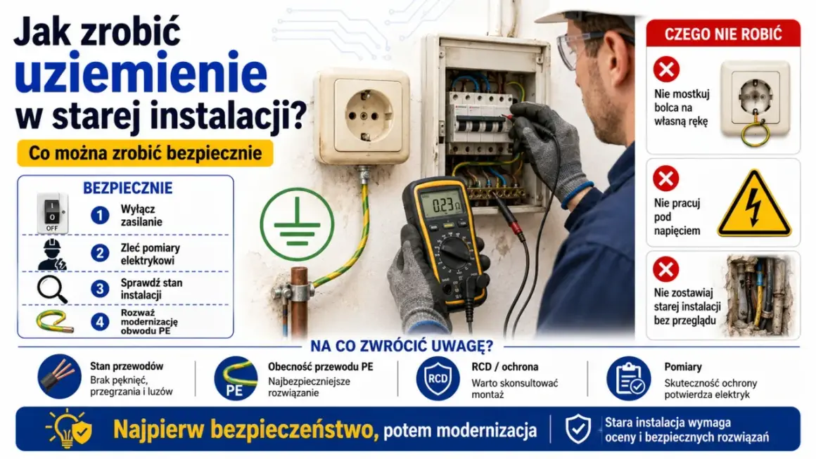 Elektryk sprawdza instalację miernikiem, pokazując, jak podłączyć gniazdko w starej instalacji bezpiecznie. Poradnik zawiera wskazówki dotyczące uziemienia i modernizacji.