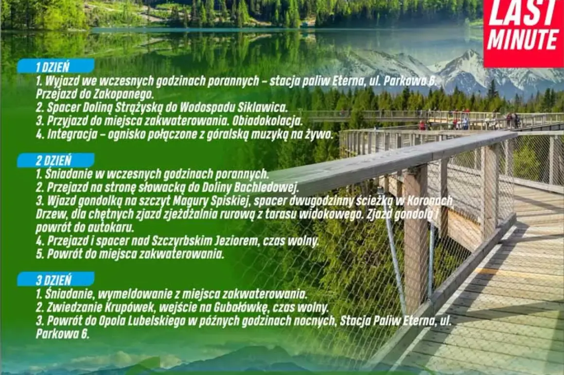 Plan wycieczki z Zakopanego na Słowację: Dolina Strążyska, Magura Spiska, Szczyrbskie Jezioro, Krupówki.