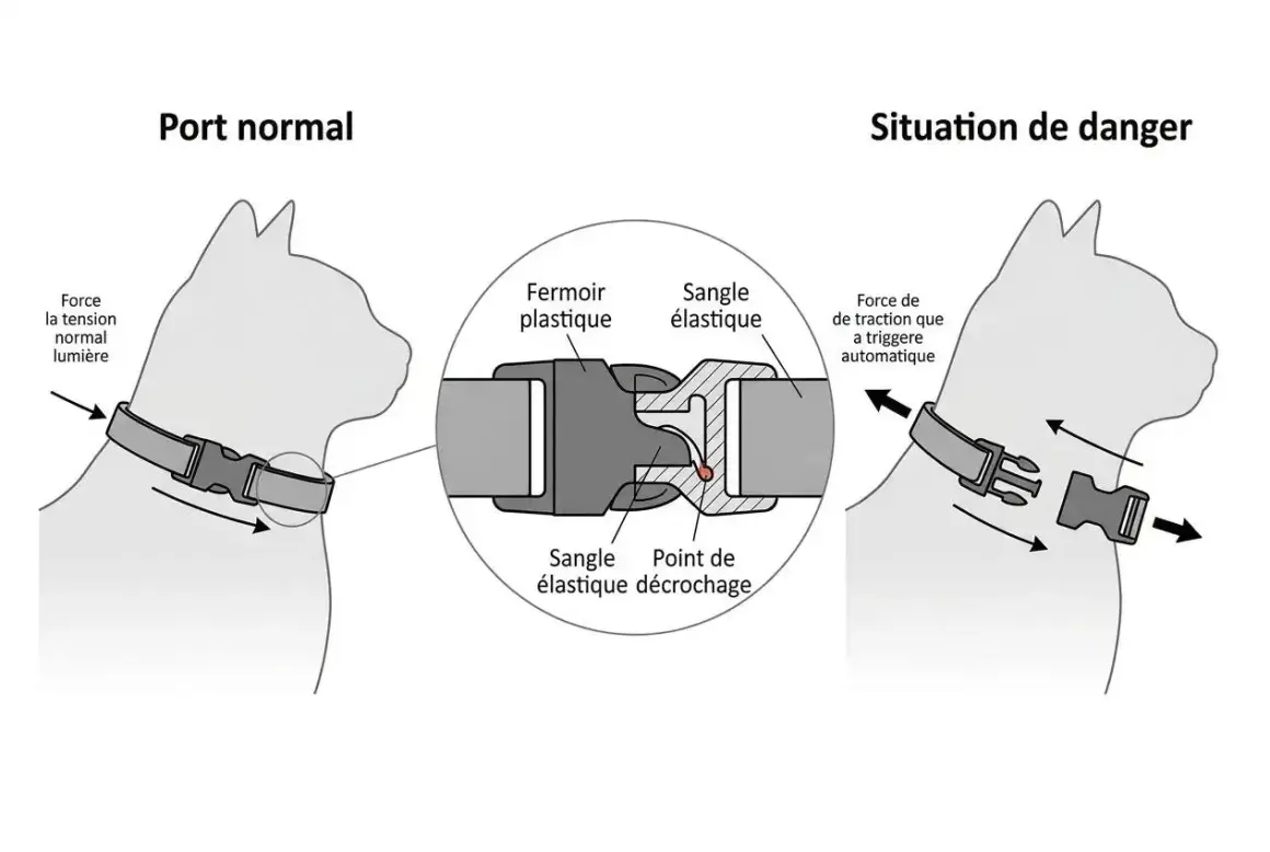 Collier de sécurité pour chat : en cas de danger, la sangle élastique se décroche pour éviter l'étranglement.