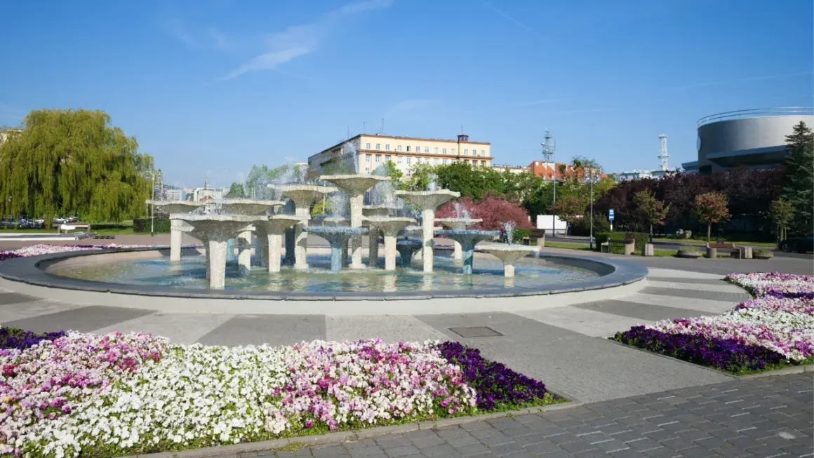 Fontanna w Gdyni, stare miasto, otoczona kolorowymi kwiatami i zielenią.