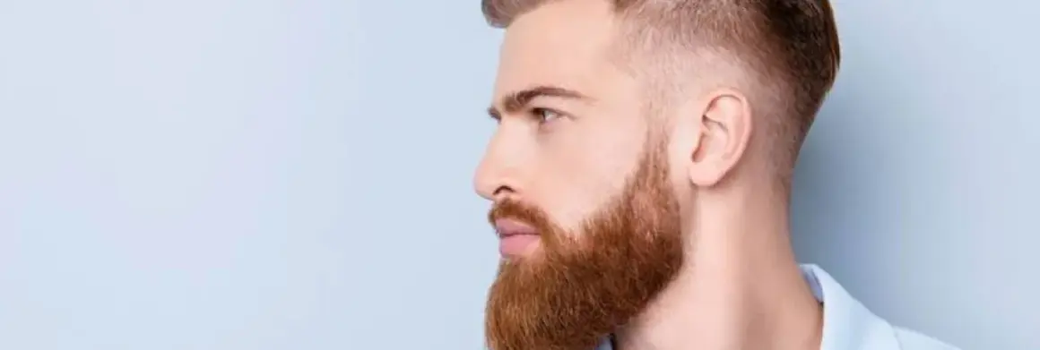 Un homme au profil droit, avec une barbe rousse soignée, tailler sa barbe en dégradé. Ses cheveux sont courts sur les côtés.