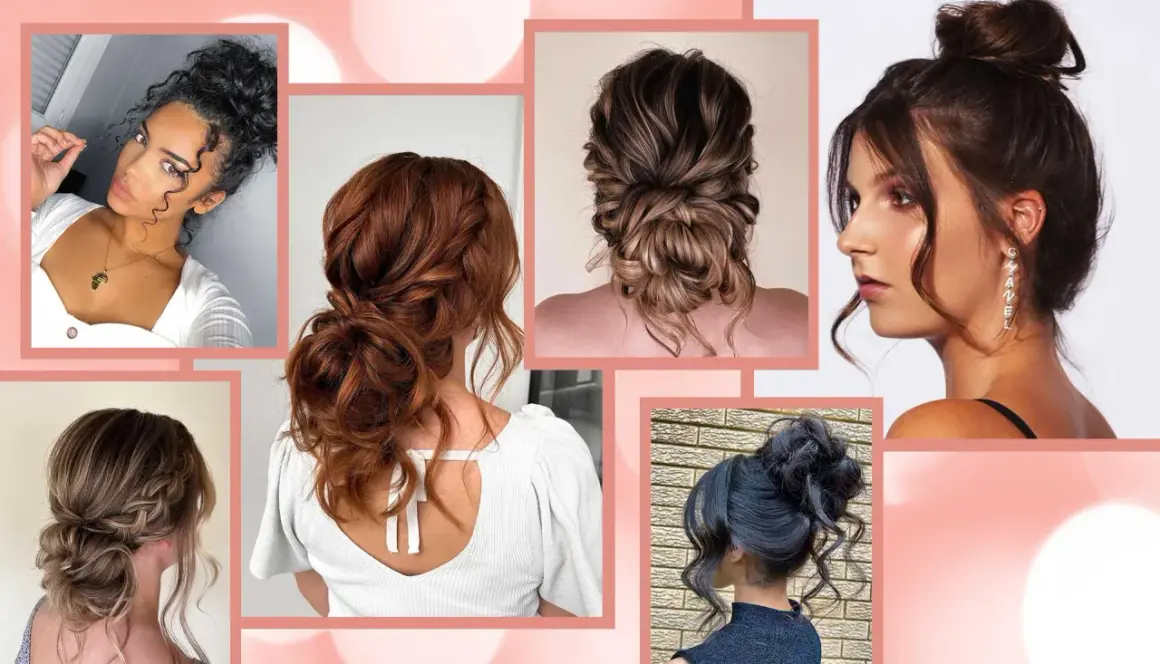 Raccolte di capelli eleganti e morbide, tra cui un chignon spettinato, perfette per ogni occasione.
