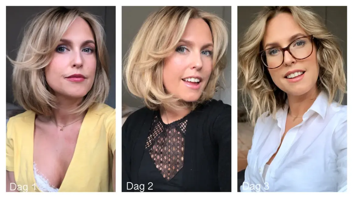 Kvinnan visar upp sin kort page med uppklippt nacke i tre olika outfits.