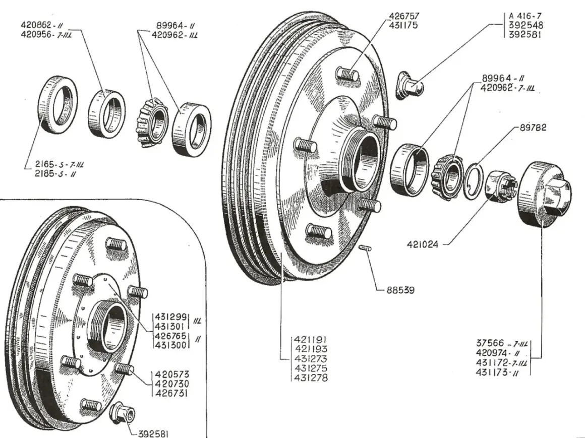 Vue éclatée du schema tambour frein arriere, montrant les roulements, joints et autres pièces pour un assemblage complet.