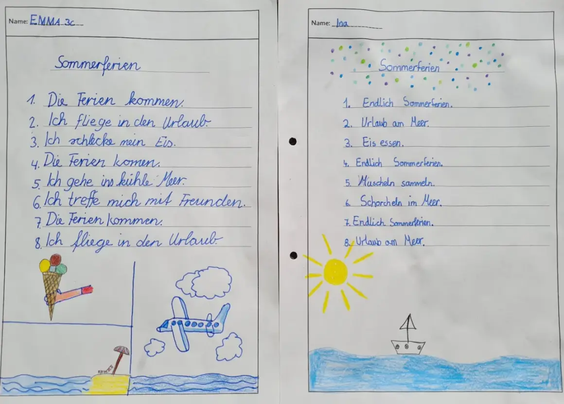 Zwei Kinder beschreiben ihre Ferienerlebnisse Grundschule: Urlaub am Meer, Eis essen und mit Freunden spielen.