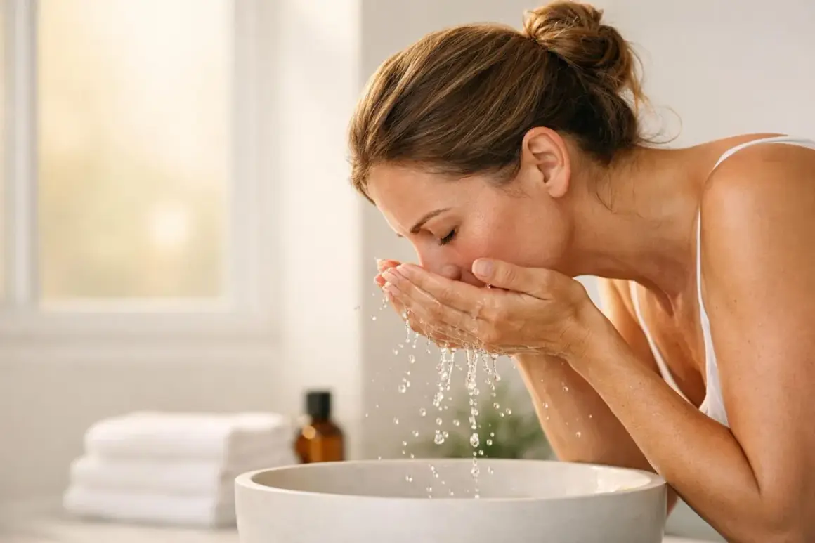 Donna si lava il viso con acqua fresca, un gesto quotidiano per prendersi cura della pelle secca e ritrovare idratazione.