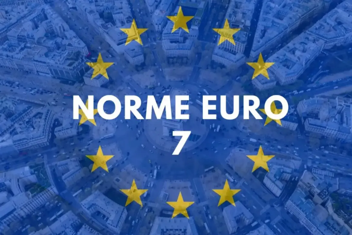 Texte blanc "NORME EURO 7" sur fond de ciel étoilé de l'UE, avec une vue aérienne d'une ville animée.