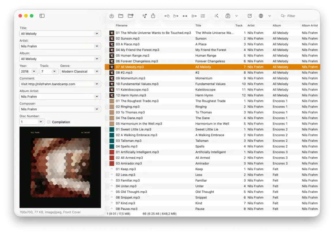 This Mac app shows how to edit MP3 files, displaying track details for Nils Frahm's "All Melody" album.