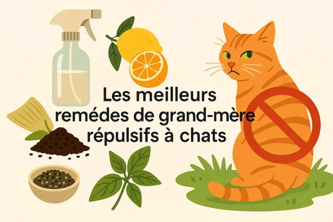 Illustration d'un chat avec un panneau d'interdiction, entouré d'ingrédients naturels comme le citron et le poivre. Les meilleurs remèdes de grand-mère répulsifs à chats.