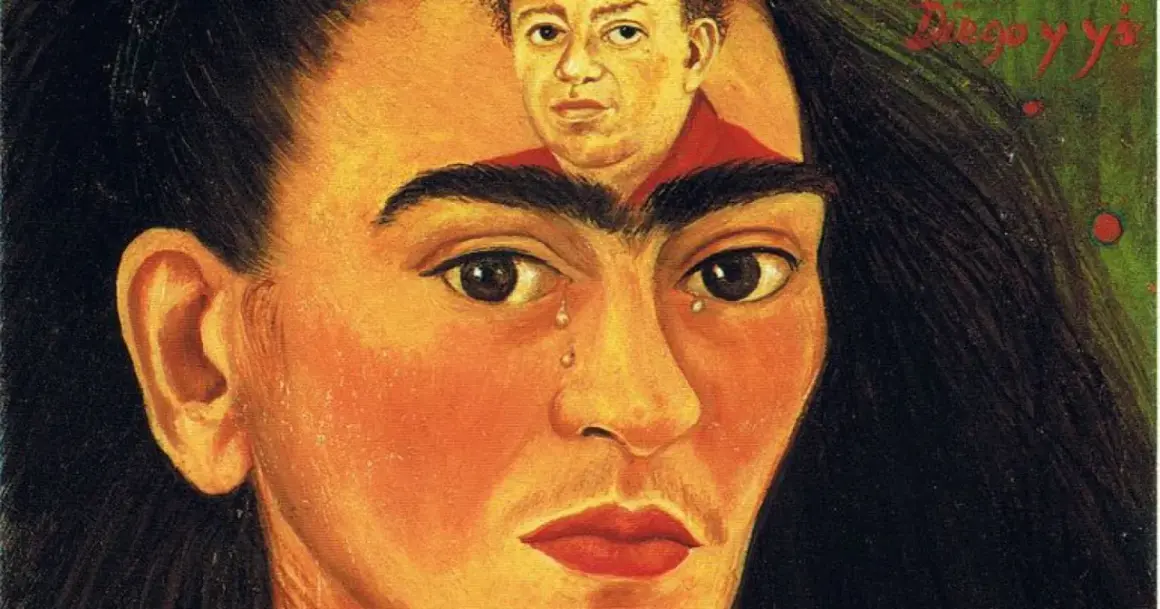 Portret Fridy Kahlo, z wizerunkiem jej męża, Diego Rivery, w jej głowie. Tytuł "Diego y yo" widoczny w rogu.