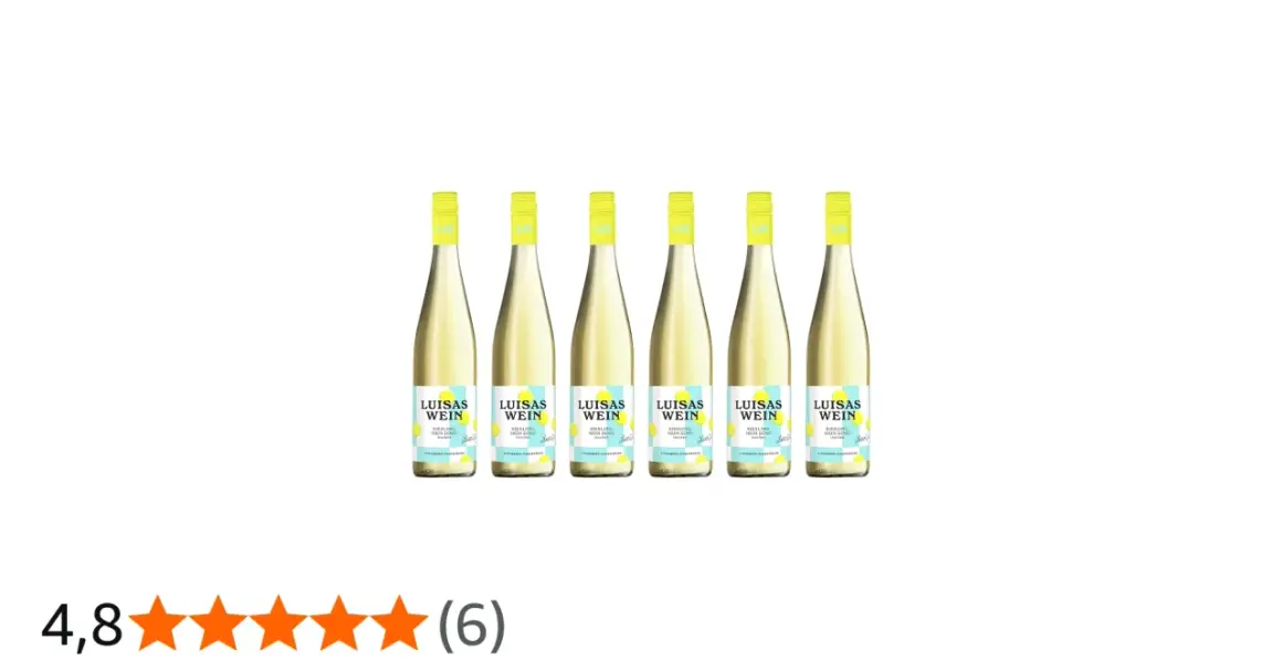 Sechs Flaschen Luisas Wein, ein trockener Riesling, bereit für den Genuss.