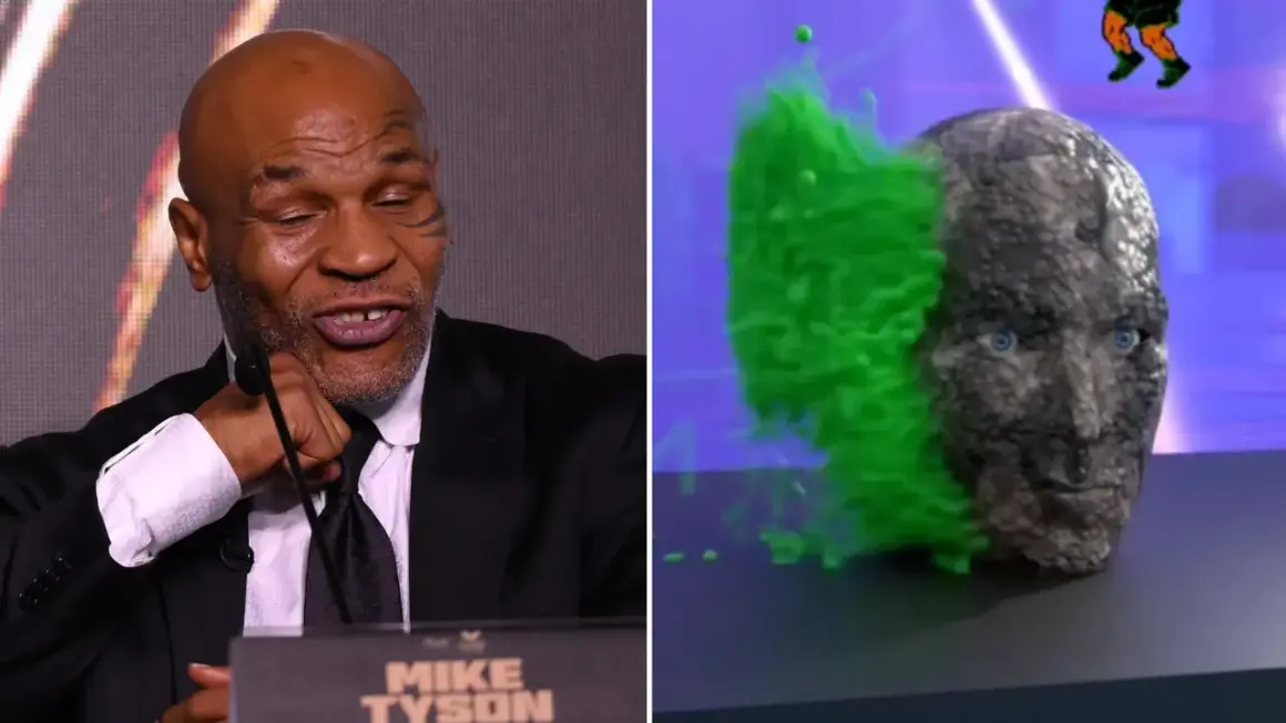 Mike Tyson's legendary punch force visualized as a stone head explodes with green energy.