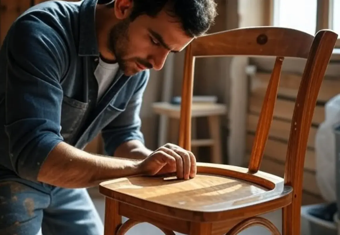 Un artisan concentré sur la rénovation d'une chaise en bois, redonnant vie à ce meuble ancien.