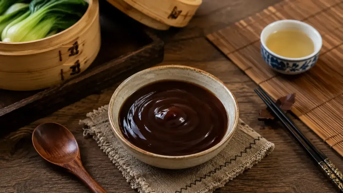 En skål med mörk hoisinsås, redo för ett läckert hoisinsås recept. Bredvid syns ångad pak choi, te och ätpinnar.