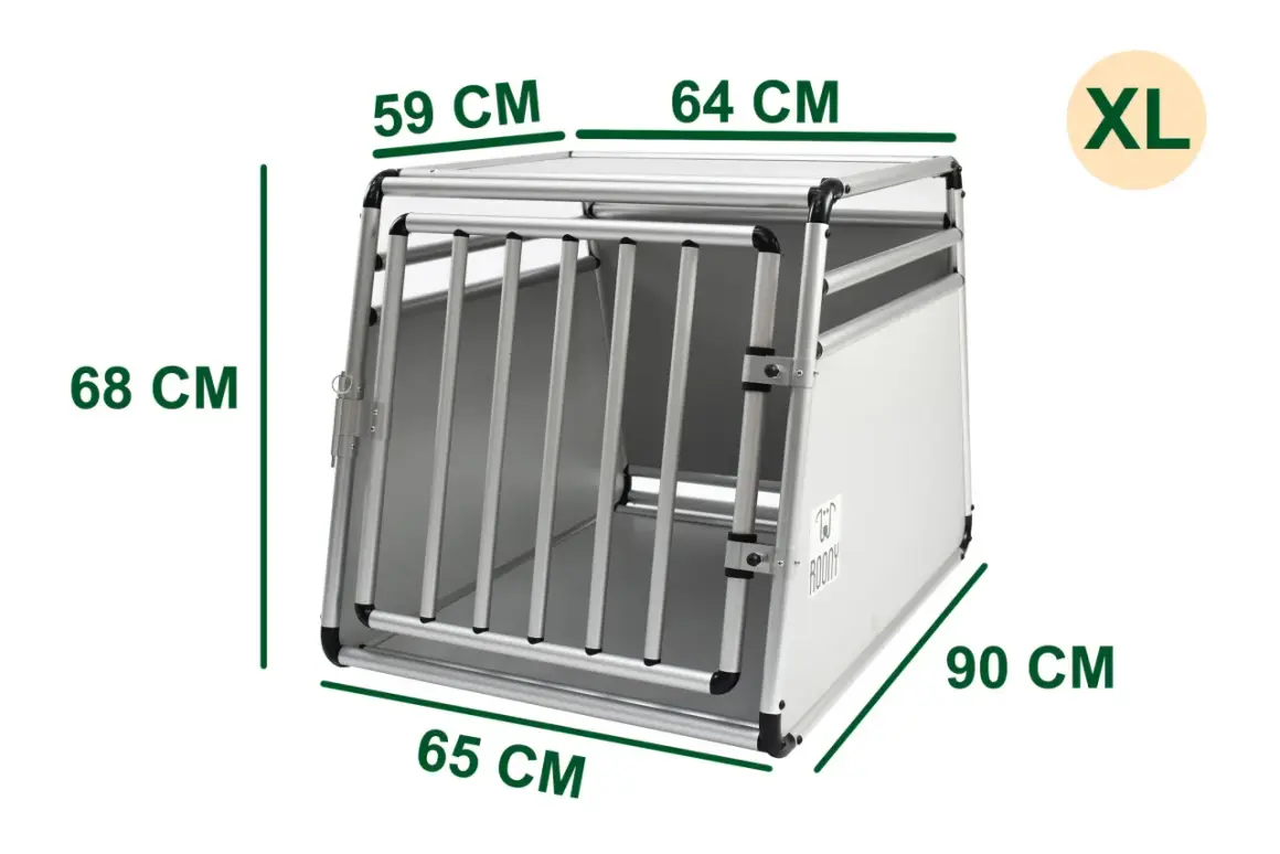 Caisse de transport aluminium XL, 90x65x68 cm. Idéale pour les grands chiens, elle offre sécurité et confort pour tous vos voyages.