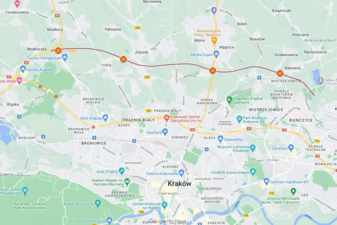 Trasa północnej obwodnicy Krakowa biegnie przez Modlnicę, Tonie, Batowice i Mistrzejowice, omijając centrum miasta.
