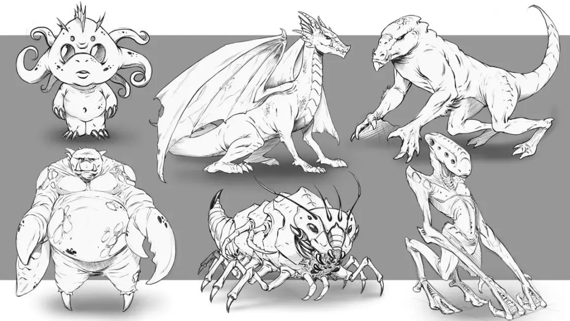 Bocetos de animales inventados para dibujar: un dragón, un troll con pinzas, un insectoide, un alienígena y dos criaturas más.