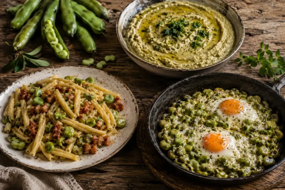 Pyszne dania z bobu: makaron z boczkiem, pasta z bobu i jajka sadzone na bobie.