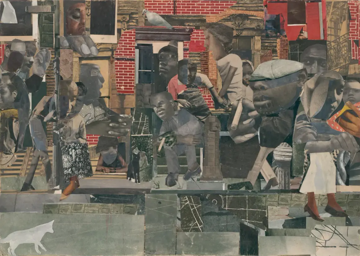A collage of fragmented figures and urban scenes, this piece embodies formalism art through its bold composition and abstract representation of everyday life.