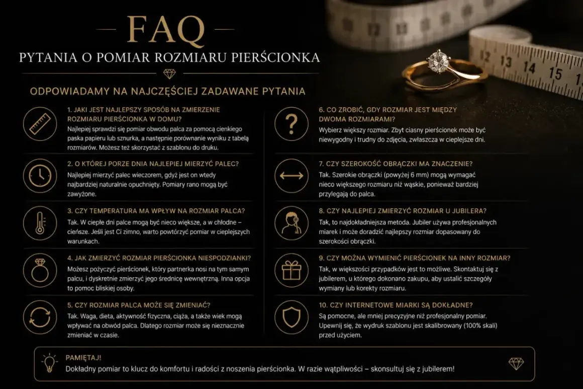 Jak zmierzyć rozmiar pierścionka? Poradnik FAQ wyjaśnia, jak dobrać idealny rozmiar, by cieszyć się komfortem noszenia.