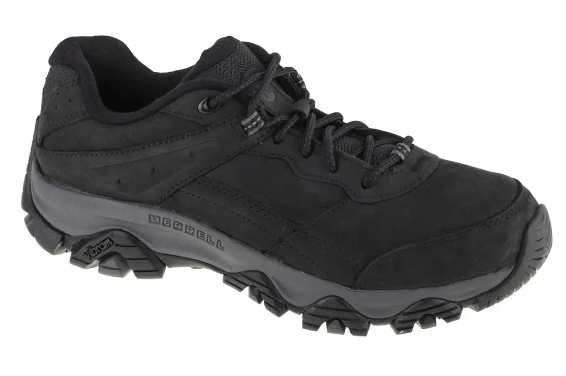 Czarny, męski but Merrell alpine hiker z szarą podeszwą Vibram. Idealny na górskie wędrówki.