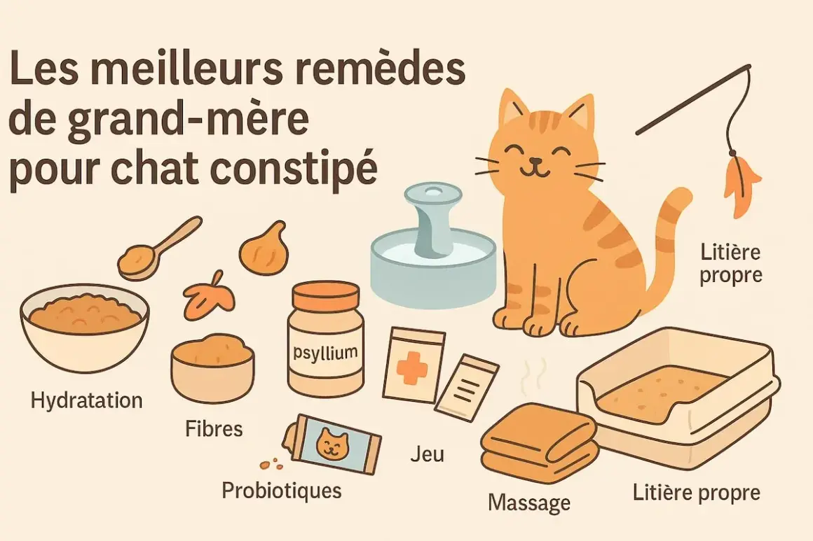 Remèdes de grand-mère pour chat constipé : hydratation, fibres, probiotiques, jeu, massage et litière propre.