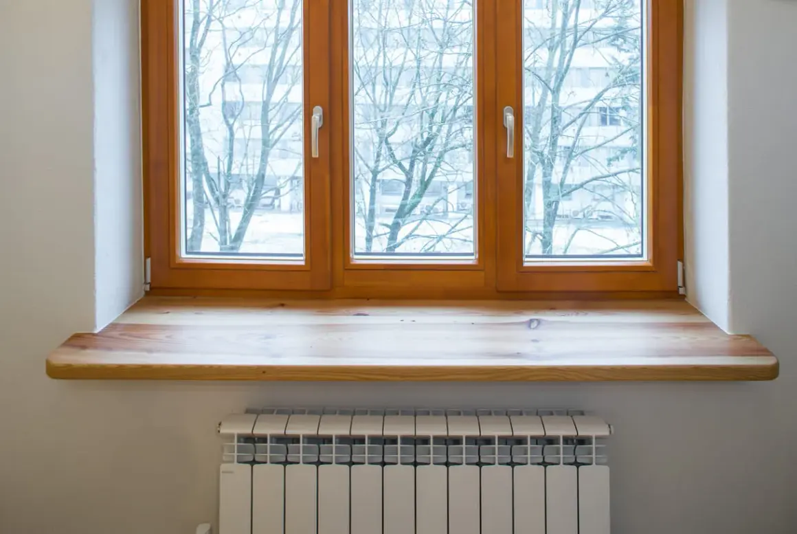 Neue Fensterbank aus Holz, auf die alte geklebt, mit Blick auf Bäume im Winter. Heizkörper darunter.