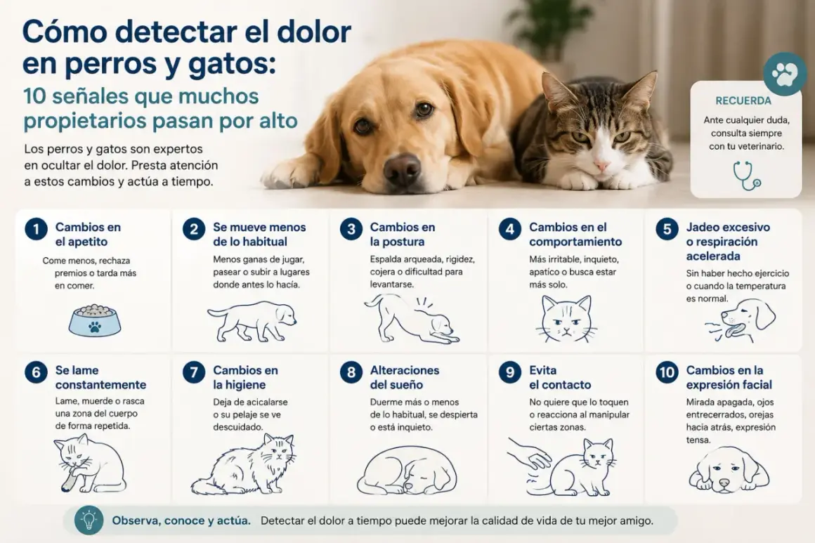 Perros y gatos muestran signos de dolor sutiles: cambios en apetito, postura, comportamiento, etc. ¡Observa a tu mascota!