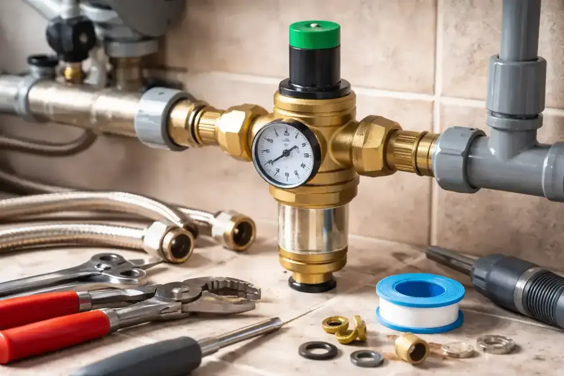 Outils et pièces pour nettoyer un réducteur de pression d'eau. Un manomètre indique la pression.