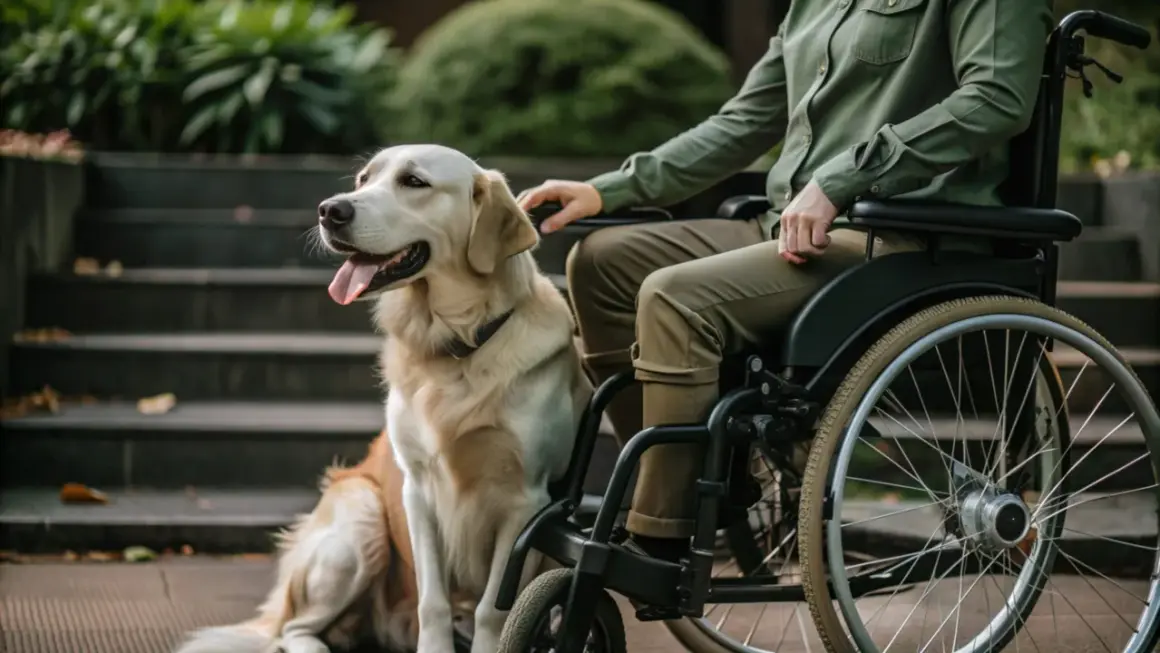 Ein Golden Retriever sitzt neben einer Person im Rollstuhl. Die Frage "was kostet ein Assistenzhund" beschäftigt viele.