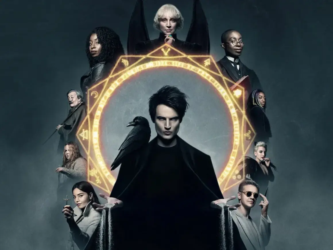 Das offizielle Poster zur sandman staffel 2 zeigt Dream mit einer Krähe, umgeben von einem magischen Kreis und verschiedenen Charakteren.