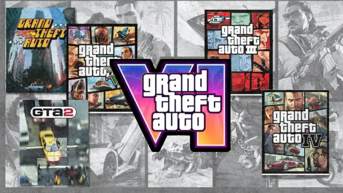 A collage of Grand Theft Auto game covers, featuring GTA 1, GTA 2, GTA III, GTA IV, and the prominent GTA VI logo.