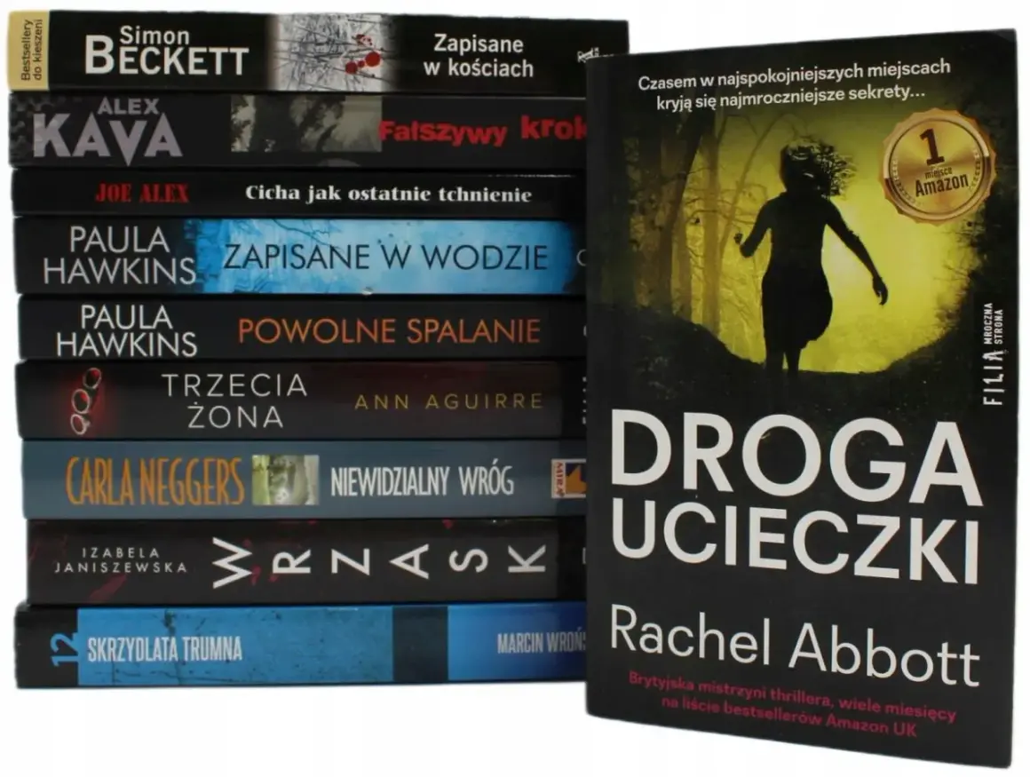 Stos książek kryminałów, w tym "Wrzaśk" Izabeli Janiszewskiej, obok "Drogi ucieczki" Rachel Abbott.